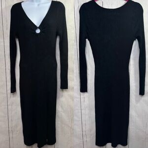 Abercrombie & Fitch Black Ribbed V Neck Bodycon Midi Dress Stretch Slit O Ring
